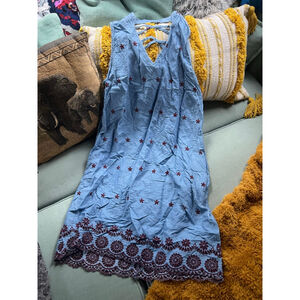 Women's Unbranded Blue Denim and Red Floral Embroidered Mini Dress